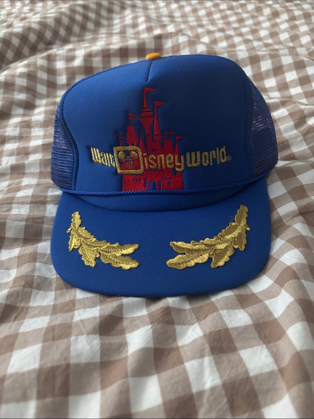 Vintage Walt Disney World Blue Trucker Hat with Gold Embroidered Leaves